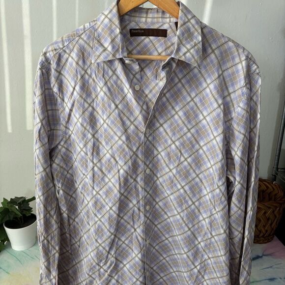 PERRY ELLIS Men's Plaid Shirt - lavender & tan plaid button down shirt LARGE - Picture 6 of 7